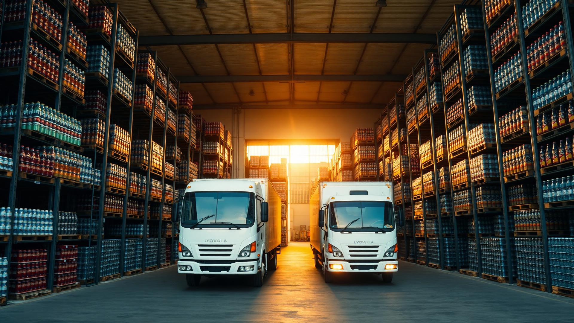 Beverage distribution warehouse with delivery trucks in Mozambique